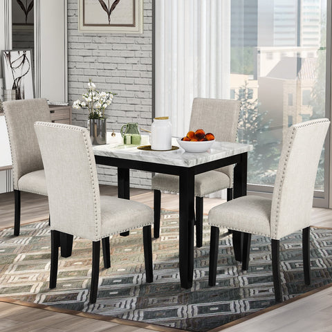 5-Piece Dining Table Set, Marble Veneer Top Kitchen Table Set with 4 Thicken