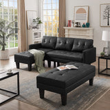 Leather Sectional Sofa Bed, Sofa Chaise Lounge 3-Seat Sectional Couch Set with Ottoman Bench