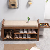 Natural Bamboo Shoe Storage Rack Bench with 2-Tier Cushion Seat Living Room Shoe
