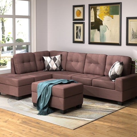 3 Piece Sectional Sofa Microfiber with Reversible Chaise Lounge Storage Ottoman