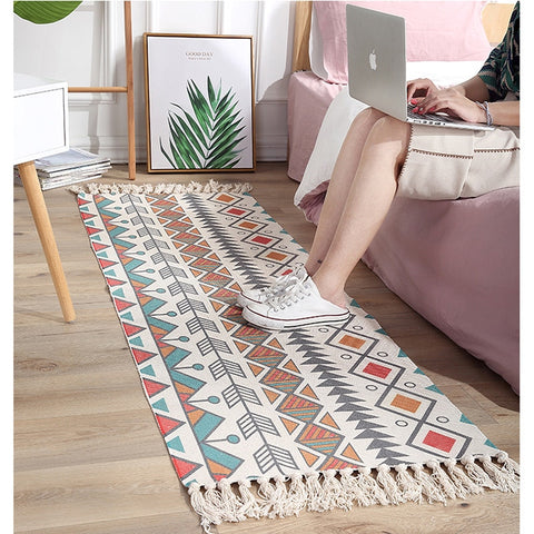 Luxury Bohemia Ethnic Style Cotton Linen Soft Carpet Handmade Tassel