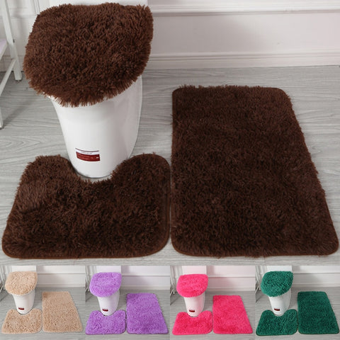 3PCS Flannel Anti Slip Shower Carpets Sets Bathroom Bathmat Set Toilet Rugs