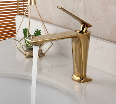 JIENI Golden Polished Bathroom Basin Faucet Brass Rose Gold Plated Deck Mount Faucet Vanity Mixer Plumbing Fixture Stream Tap