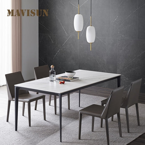 European Minimalist White Marble Stone Dining Table 6 seater and Upholstered Chair