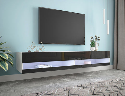 180 Wall Mounted Floating 80" TV Stand with 20 Color LEDs White Black For Home Living Room