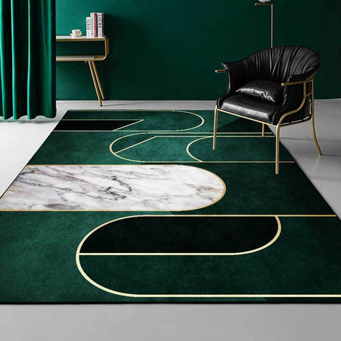 Luxury Deep Emerald Green Carpets Geometric Gold Lines White Marble Mosaic