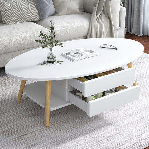 White Coffee Table Modern Design Drawers Shelf Oval Table Minimalist