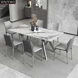 Luxury Rock Slab Dining Tables Dinner Chair Set Stainless Steel Titanium Grey Base