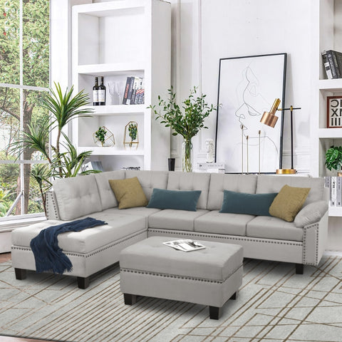 Sectional Sofa Set with Chaise Lounge and Storage Ottoman Nail Head Detail
