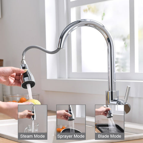 Kitchen Faucets Brushed Nickel Pull Out Spout Stream Sprayer Head Hot Cold