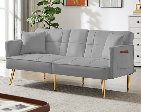Velvet Futon Sofa Bed with 6 Golden Metal Legs, Sleeper Sofa Couch