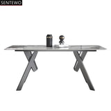 Luxury Rock Slab Dining Tables Dinner Chair Set Stainless Steel Titanium Grey Base