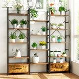 Breezestival Triple Wide 5-Tier Bookshelf with 2 Drawers, Rustic Etagere Book Shelves Display