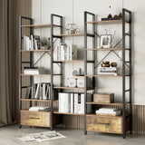 Breezestival Triple Wide 5-Tier Bookshelf with 2 Drawers, Rustic Etagere Book Shelves Display