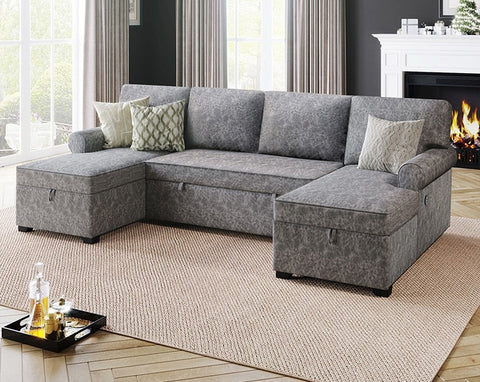 Sectional U-Shaped Sofa with USB Chargers,6-seat Sofa Bed with Double Storage Chaise