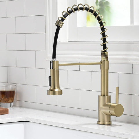 Brushed Gold Pull Down Kitchen Sink Faucet Brushed Gold Swivel Spout Kitchen