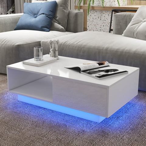 High Gloss Coffee Tables RGB LED End Table, Side Table with Room Drawers Cabinet