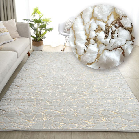 Faux Rabbit Fur Carpet For Living Room Side Table White Gold Marble Fluffy Rug Luxury