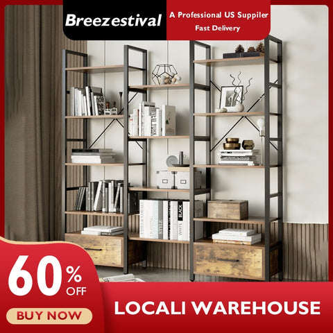 Breezestival Triple Wide 5-Tier Bookshelf with 2 Drawers, Rustic Etagere Book Shelves Display