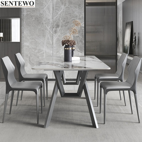 Luxury Rock Slab Dining Tables Dinner Chair Set Stainless Steel Titanium Grey Base