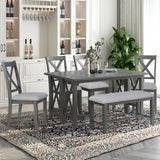 TREXM 6-Piece Family Dining Room Set Solid Wood Table and 4 Chairs with Bench